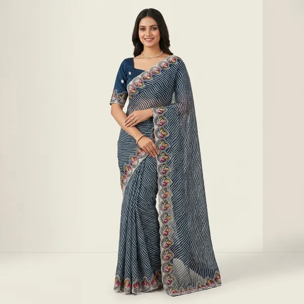 Megha_Cotton_Embroidered_Saree_With_Zari_Border_And_Bandhani_Print_Blue