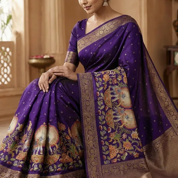 Mysore_Ajarakh_Crepe_Silk_Uniform_Saree_With_Meenakari_Elephant_Motifs_Deep_Purple