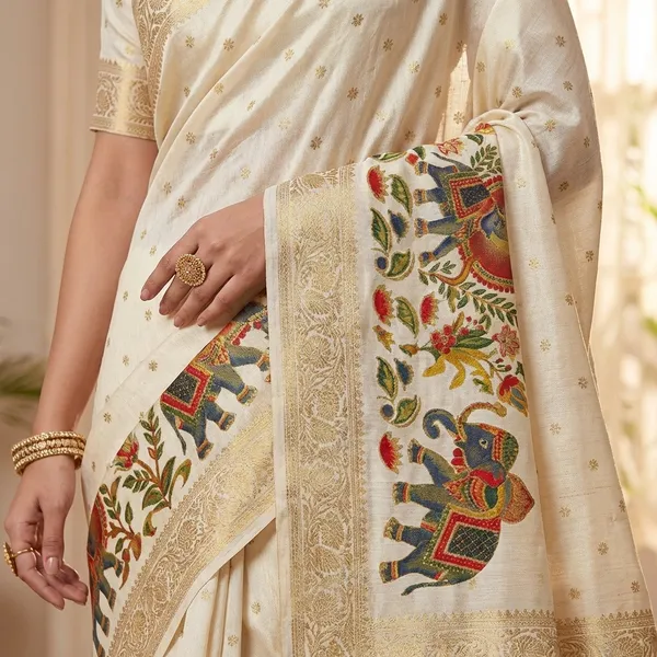 Mysore_Ajarakh_Crepe_Silk_Uniform_Saree_With_Meenakari_Elephant_Motifs_White_Red