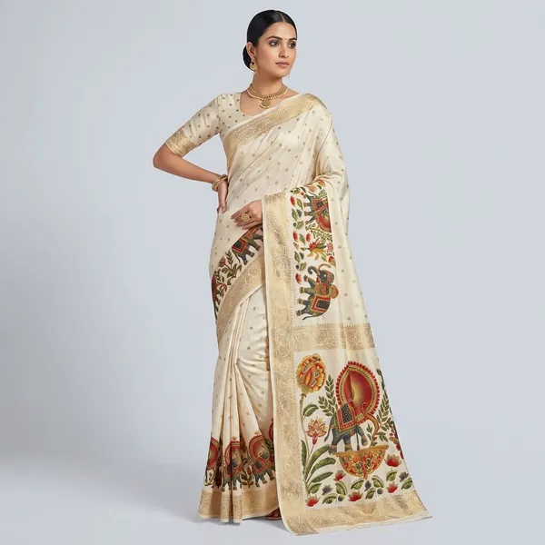 Mysore_Ajarakh_Crepe_Silk_Uniform_Saree_With_Meenakari_Elephant_Motifs_White_Red