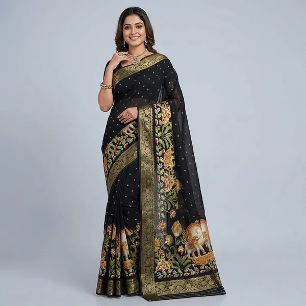 Mysore_Ajarakh_Crepe_Silk_Uniform_Saree_With_Meenakari_Elephant_Motifs_Black