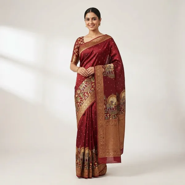 Mysore_Ajarakh_Crepe_Silk_Uniform_Saree_With_Meenakari_Elephant_Motifs_Maroon