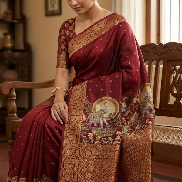 Mysore_Ajarakh_Crepe_Silk_Uniform_Saree_With_Meenakari_Elephant_Motifs_Maroon