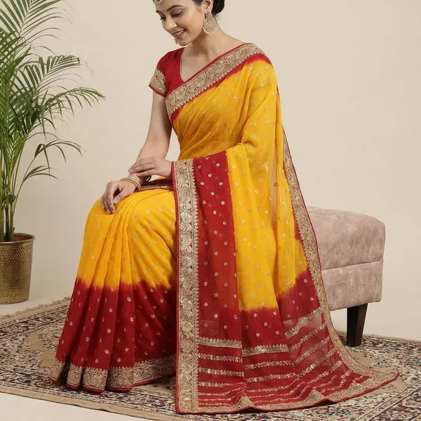 Pure_Jaipuri_Viscose_Georgette_Saree_With_Zari_Butta_And_Tie_Dye_Pallu_Yellow_Red