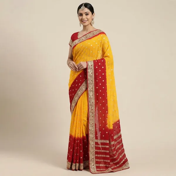 Pure_Jaipuri_Viscose_Georgette_Saree_With_Zari_Butta_And_Tie_Dye_Pallu_Yellow_Red
