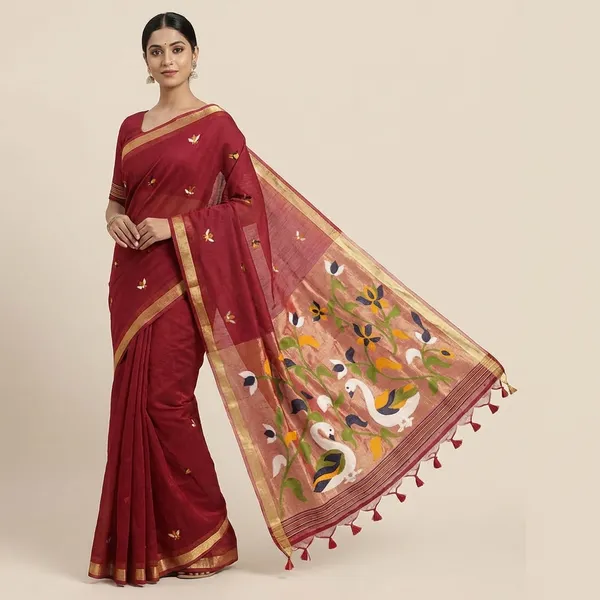 Meenakari_Woven_Linen_Silk_Saree_With_Jamdani_Pallu_Swan_Motif_Paithani_Fusion_Saree_Red