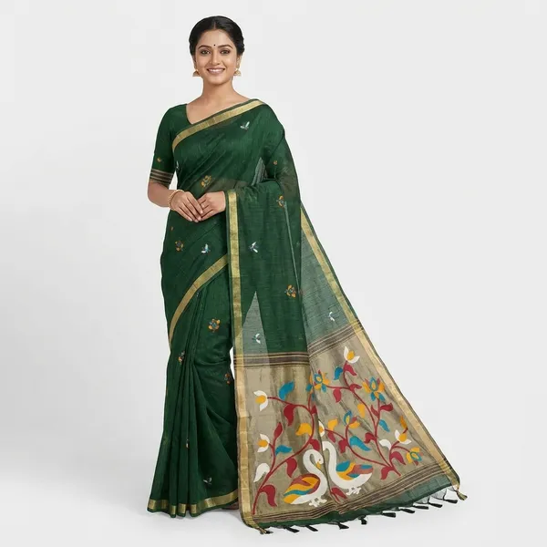Meenakari_Woven_Linen_Silk_Saree_With_Jamdani_Pallu_Swan_Motif_Paithani_Fusion_Saree_Dark_Green