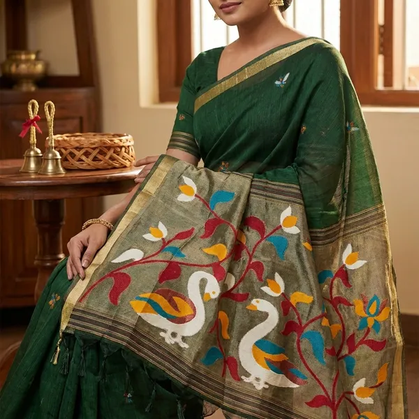 Meenakari_Woven_Linen_Silk_Saree_With_Jamdani_Pallu_Swan_Motif_Paithani_Fusion_Saree_Dark_Green