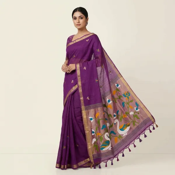 Meenakari_Woven_Linen_Silk_Saree_With_Jamdani_Pallu_Swan_Motif_Paithani_Fusion_Saree_Deep_Magenta