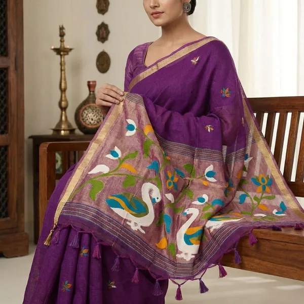 Meenakari_Woven_Linen_Silk_Saree_With_Jamdani_Pallu_Swan_Motif_Paithani_Fusion_Saree_Deep_Magenta