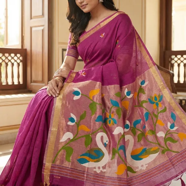 Meenakari_Woven_Linen_Silk_Saree_With_Jamdani_Pallu_Swan_Motif_Paithani_Fusion_Saree_Hot_Pink