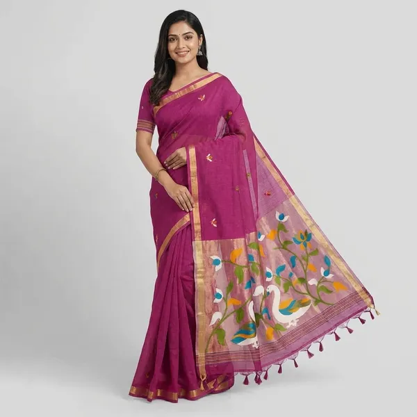 Meenakari_Woven_Linen_Silk_Saree_With_Jamdani_Pallu_Swan_Motif_Paithani_Fusion_Saree_Hot_Pink