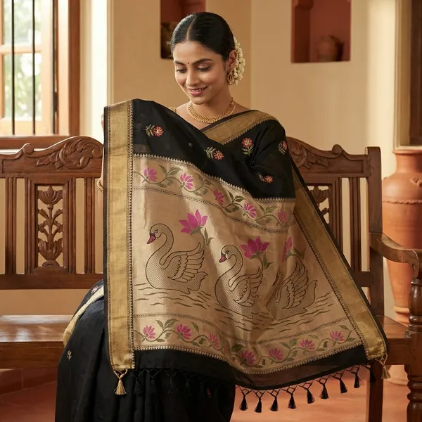 Meenakari_Woven_Linen_Silk_Saree_With_Jamdani_Pallu_Swan_Motif_Paithani_Fusion_Saree_Black
