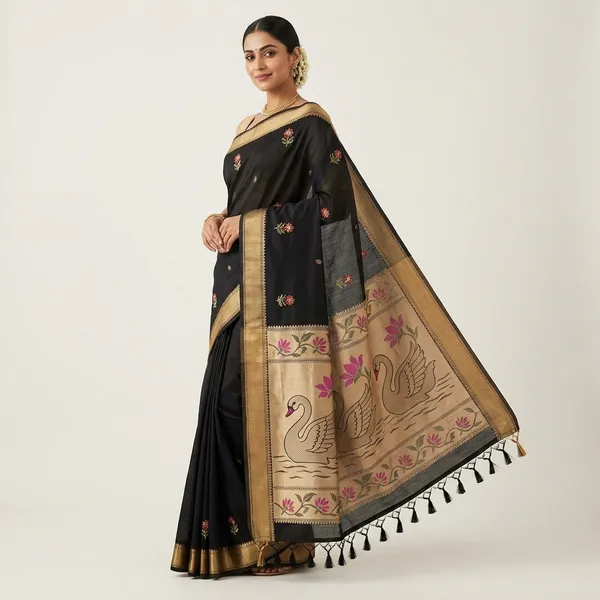 Meenakari_Woven_Linen_Silk_Saree_With_Jamdani_Pallu_Swan_Motif_Paithani_Fusion_Saree_Black