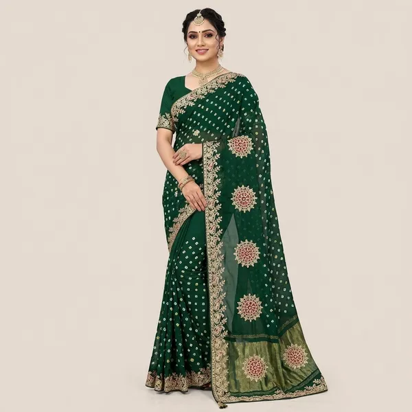 Gaji_Silk_Original_Bandhani_With_Gota_Pati_Work_Saree_Dark_Green