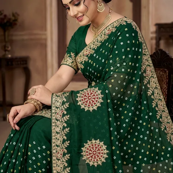 Gaji_Silk_Original_Bandhani_With_Gota_Pati_Work_Saree_Dark_Green