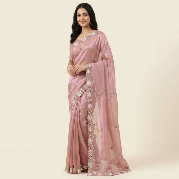 Fandy_Satin_Silk_Fabric_Saree_With_Fancy_Handwork_Bids_Sequence_Work_With_Fancy_Bids_Work_Pallu_Border_Work_Blouse_Rose_Gold