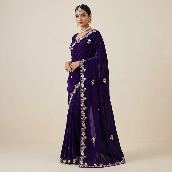 Fandy_Satin_Silk_Fabric_Saree_With_Fancy_Handwork_Bids_Sequence_Work_With_Fancy_Bids_Work_Pallu_Border_Work_Blouse_Navy