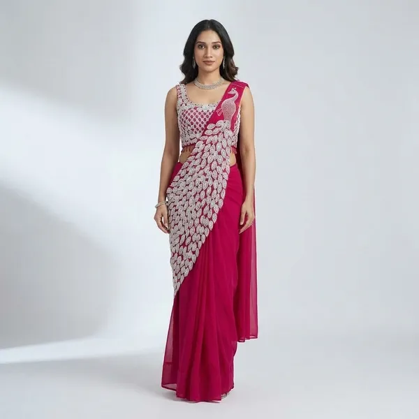 New_Super_Trending_Embroidery_Sequence_Work_Ready_To_Wear_Saree_With_Embroidery_Blouse_Pink