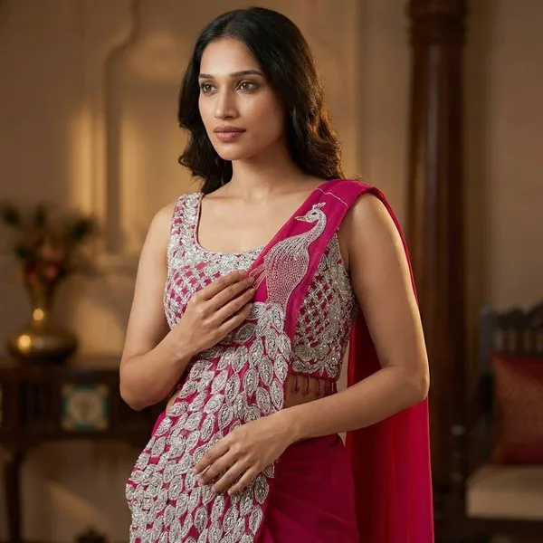 New_Super_Trending_Embroidery_Sequence_Work_Ready_To_Wear_Saree_With_Embroidery_Blouse_Pink