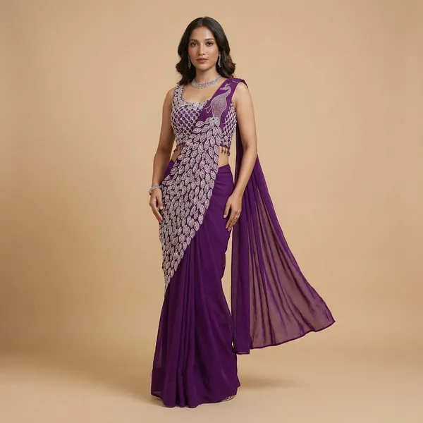 New_Super_Trending_Embroidery_Sequence_Work_Ready_To_Wear_Saree_With_Embroidery_Blouse_Wine