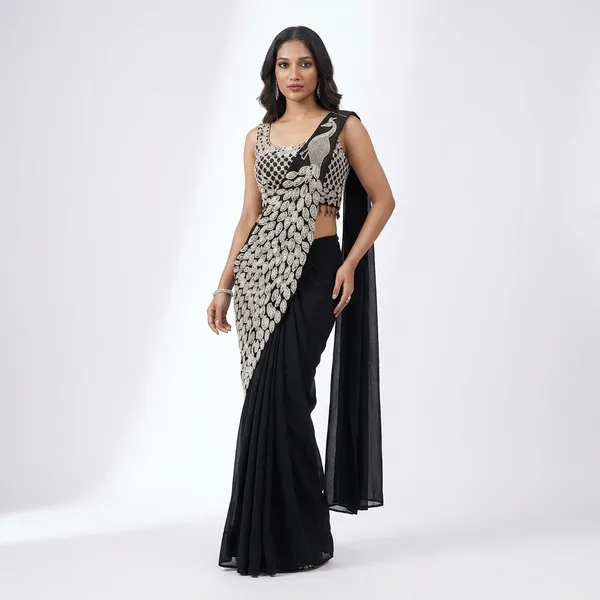 New_Super_Trending_Embroidery_Sequence_Work_Ready_To_Wear_Saree_With_Embroidery_Blouse_Black