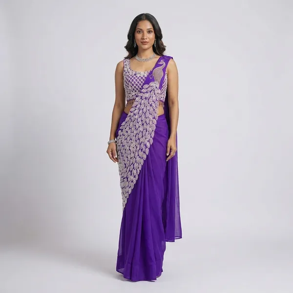 New_Super_Trending_Embroidery_Sequence_Work_Ready_To_Wear_Saree_With_Embroidery_Blouse_Purple