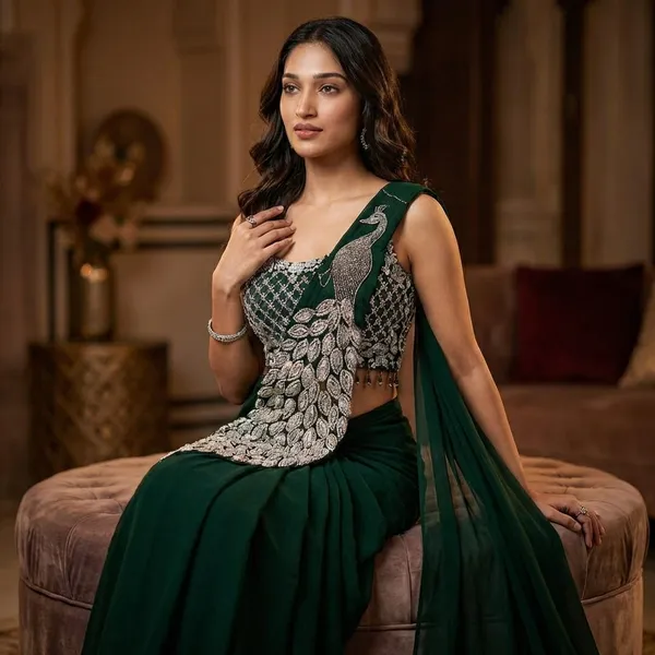 New_Super_Trending_Embroidery_Sequence_Work_Ready_To_Wear_Saree_With_Embroidery_Blouse_Bottlegreen