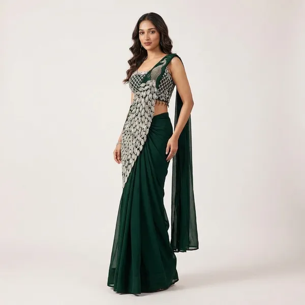 New_Super_Trending_Embroidery_Sequence_Work_Ready_To_Wear_Saree_With_Embroidery_Blouse_Bottlegreen