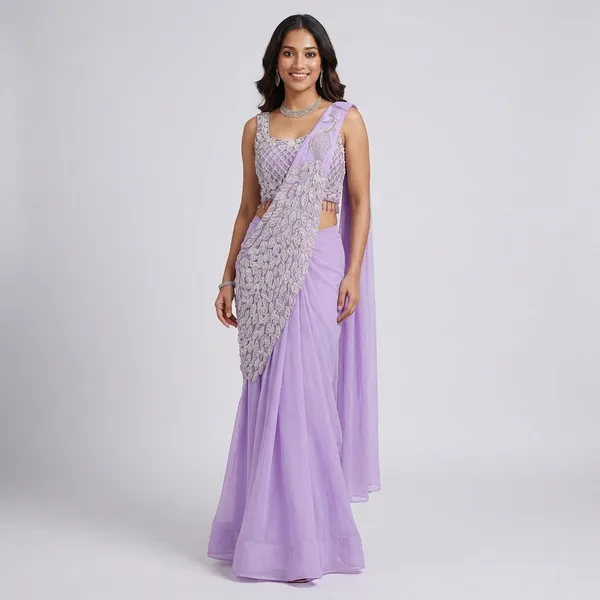 New_Super_Trending_Embroidery_Sequence_Work_Ready_To_Wear_Saree_With_Embroidery_Blouse_Levender