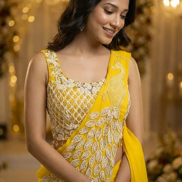 New_Super_Trending_Embroidery_Sequence_Work_Ready_To_Wear_Saree_With_Embroidery_Blouse_Yellow