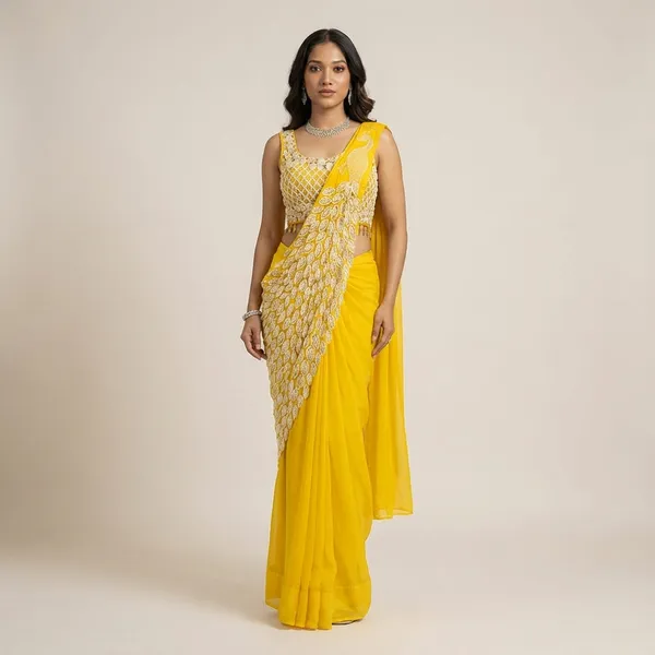 New_Super_Trending_Embroidery_Sequence_Work_Ready_To_Wear_Saree_With_Embroidery_Blouse_Yellow