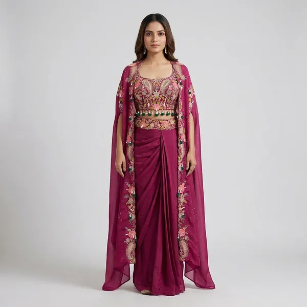 Indo_Western_Draped_Dhoti_Set_With_Long_Shrug_Pink