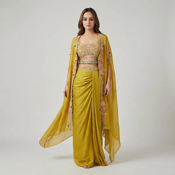 Indo_Western_Draped_Dhoti_Set_With_Long_Shrug_Metalic_Yellow