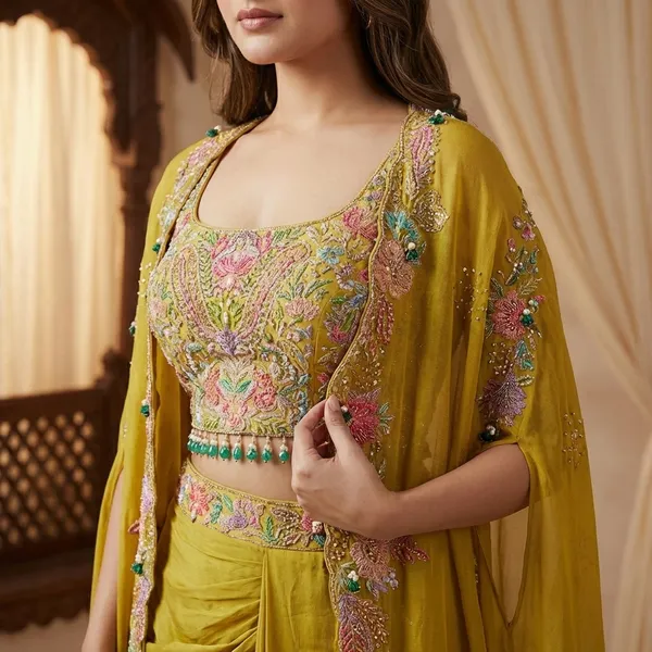 Indo_Western_Draped_Dhoti_Set_With_Long_Shrug_Metalic_Yellow
