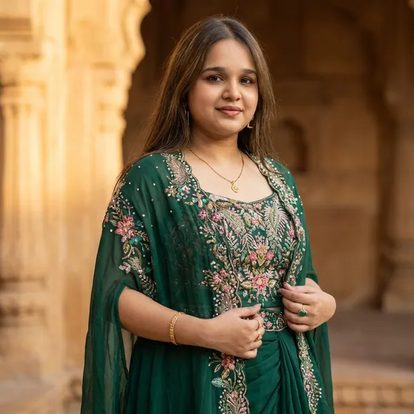 Indo_Western_Draped_Dhoti_Set_With_Long_Shrug_Dark_Green