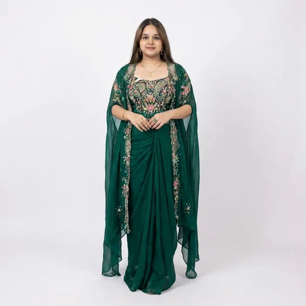 Indo_Western_Draped_Dhoti_Set_With_Long_Shrug_Dark_Green