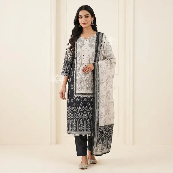 Designer_Wear_Trending_Top_With_Printed_Work_With_Diamond_Work_With_Pants_And_Dupatta_Black