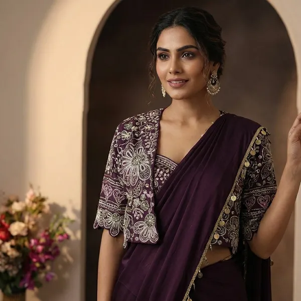 Premium_Ready_To_Wear_Saree_Expertly_Tailored_With_Precise_Plats_And_A_Refined_Finish_With_Koti_Jacket_Deep_Wine