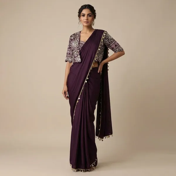 Premium_Ready_To_Wear_Saree_Expertly_Tailored_With_Precise_Plats_And_A_Refined_Finish_With_Koti_Jacket_Deep_Wine