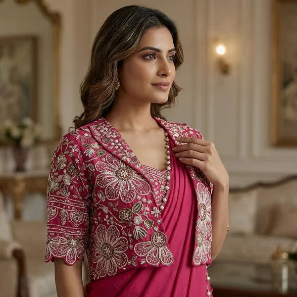 Premium_Ready_To_Wear_Saree_Expertly_Tailored_With_Precise_Plats_And_A_Refined_Finish_With_Koti_Jacket_Pink