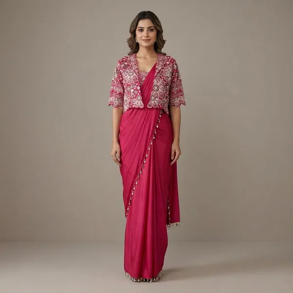 Premium_Ready_To_Wear_Saree_Expertly_Tailored_With_Precise_Plats_And_A_Refined_Finish_With_Koti_Jacket_Pink