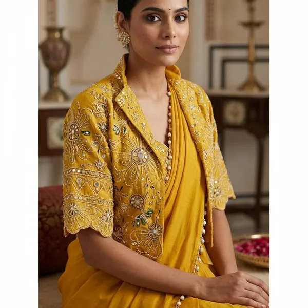 Premium_Ready_To_Wear_Saree_Expertly_Tailored_With_Precise_Plats_And_A_Refined_Finish_With_Koti_Jacket_Yellow