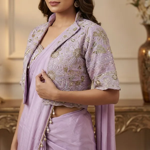 Premium_Ready_To_Wear_Saree_Expertly_Tailored_With_Precise_Plats_And_A_Refined_Finish_With_Koti_Jacket_Levender