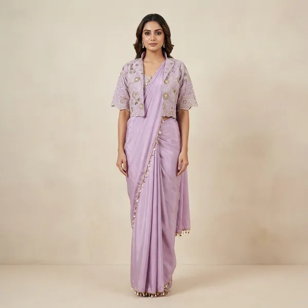Premium_Ready_To_Wear_Saree_Expertly_Tailored_With_Precise_Plats_And_A_Refined_Finish_With_Koti_Jacket_Levender