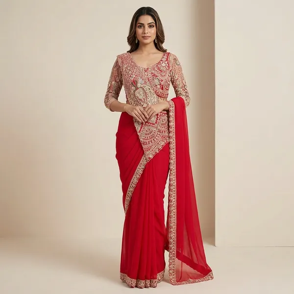 New_Super_Trending_Embroidery_Sequence_Work_Ready_To_Wear_Saree_With_Embroidery_Blouse_Red