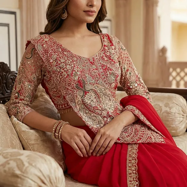 New_Super_Trending_Embroidery_Sequence_Work_Ready_To_Wear_Saree_With_Embroidery_Blouse_Red