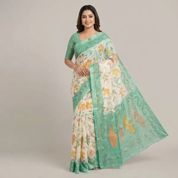 Designer_Print_In_Saree_With_Contrast_Printed_Blouse_Pista_Green