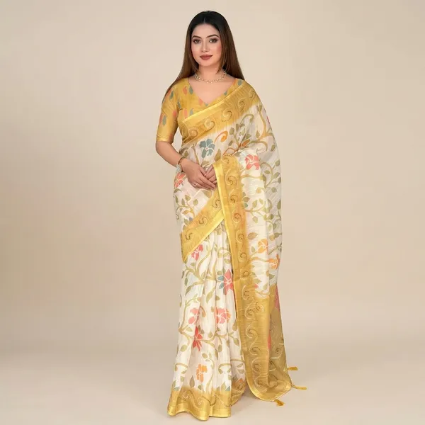 Designer_Print_In_Saree_With_Contrast_Printed_Blouse_Metalic_Yellow