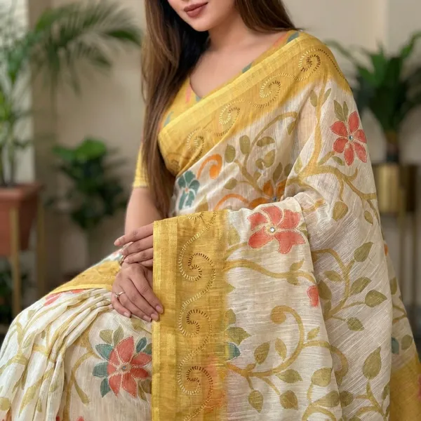 Designer_Print_In_Saree_With_Contrast_Printed_Blouse_Metalic_Yellow